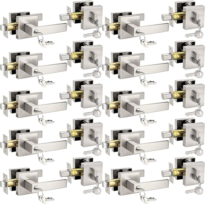 Probrico Square Keyed Entry Levers and Single Cylinder Deadbolts Combo Pack, Satin Nickel Heavy Duty Entrance Locksets for Office Bedroom and Front Door, 10 Pack Keyed Alike(All Same Keys)