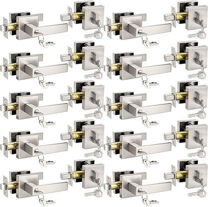 Probrico Square Keyed Entry Levers and Single Cylinder Deadbolts Combo Pack, Satin Nickel Heavy Duty Entrance Locksets for Office Bedroom and Front Door, 10 Pack Keyed Alike(All Same Keys)