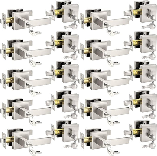 Probrico Square Keyed Entry Levers and Single Cylinder Deadbolts Combo Pack, Satin Nickel Heavy Duty Entrance Locksets for Office Bedroom and Front Door, 10 Pack Keyed Alike(All Same Keys)