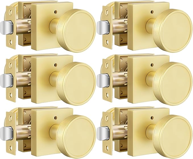 goldenwarm Gold Door Knobs Interior, Brushed Gold Door Knobs Square Privacy Door Knob for Bedroom Bathroom, Modern Heavy Duty Interior Doorknobs - 6 Pack Zinc-Alloy