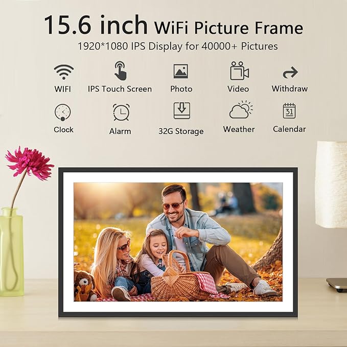 SSAWIFIFRAME Digital Picture Frame 15.6 inch Large 32GB WiFi Digital Photo Frame, Easy to Share Photos and Videos via Free App, IPS Touch Screen, Auto-Rotate, Send 50 Photos one time no Limit