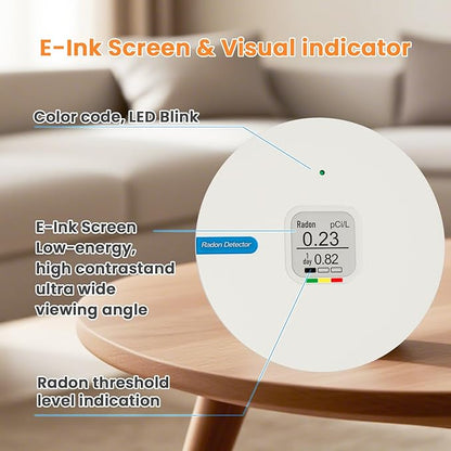 Radon Detector for Home, Portable Radon Tester, Lightweight, Easy to Use, Radon Tester with E-Ink Display, No Lab Fees, 3 AAA Batteries Powered, Bq/m3 and PCi/L Optional, White