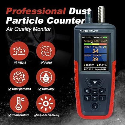 Portable Particle Counter, Handheld Dust Monitor 1000μg/m³PM2.5 Detects 6-Channel 0.3μm-10μm Particles, 14644-ISO9 Level Standard Air Pollution Monitor w/Temp & Humidity for Indoor Cleanroom