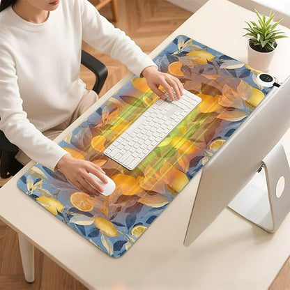 Heated Desk Pad Mouse Pad 31.5x13 Inch PU Leather Desk Mat with 3 Heat Levels Large Mouse Gaming Computer Laptop Mat Blue Lemon Leaves