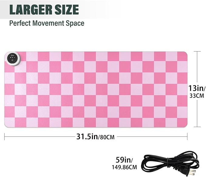 Checkered Pink Heated Desk Pad Mouse Pad 31.5x13 Inch PU Leather Desk Mat with 3 Heat Levels Large Mouse Gaming Computer Laptop Mat