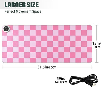 Checkered Pink Heated Desk Pad Mouse Pad 31.5x13 Inch PU Leather Desk Mat with 3 Heat Levels Large Mouse Gaming Computer Laptop Mat