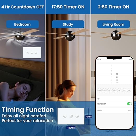 Smart Fan Switch 118X72X34MM Need Neutral Wire, 2.4GHz WiFi,Tempered Glass Panel, Multi-Control Way Work with Alexa and Smart Life, White WiFi Fan