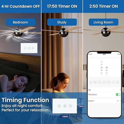 Smart Fan Switch 118X72X34MM Need Neutral Wire, 2.4GHz WiFi,Tempered Glass Panel, Multi-Control Way Work with Alexa and Smart Life, White WiFi Fan