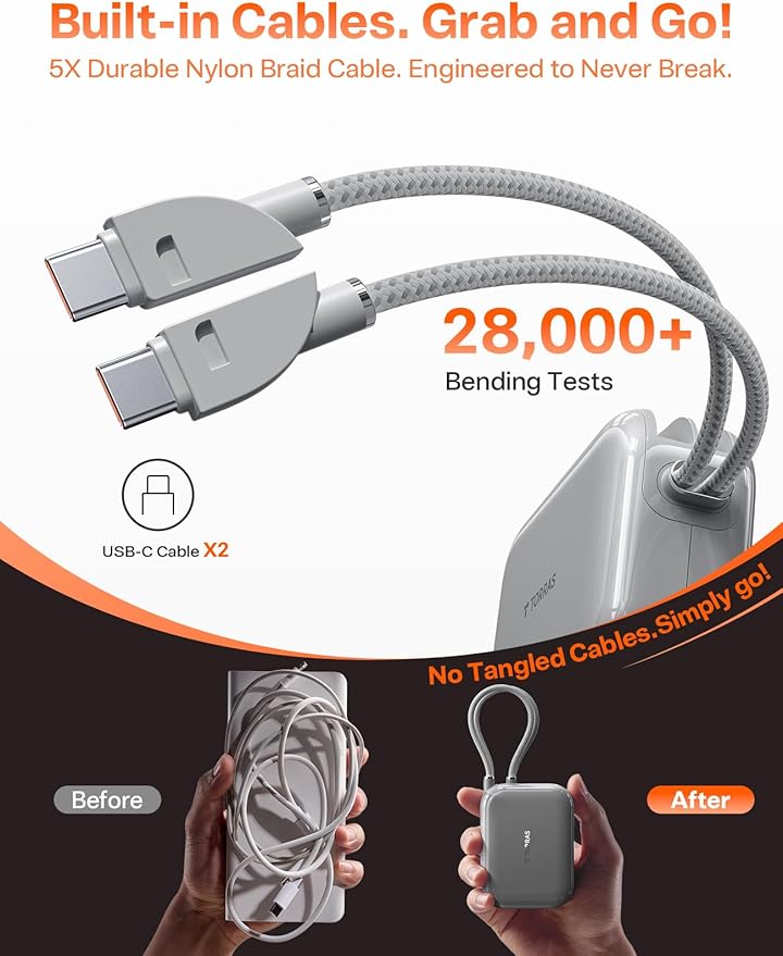 TORRAS EasyGo Portable Charger, 45W Fast Charging 10000mAh Power Bank [Travel & Daily Essentials] Built in Cable USB C, Phone Battery Pack Powerbank for iPhone Air/17/16/15 Series, Samsung, iPad etc
