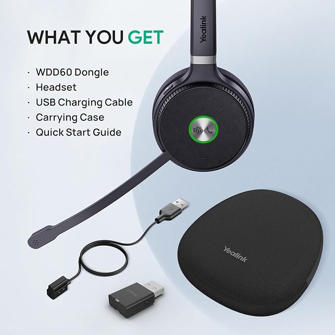 Yealink WH62 Portable Wireless Headset with DECT Dongle, 393 ft,Teams, Zoom Skype Certified, Office Work Headphones with 2X Noise Cancelling Mic, 13H Call Time, (Computer, Desk Phone)