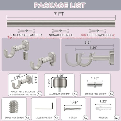 Heavy Duty Curtain Rods,1 1/4" Large Diameter Premium Nonadjustable Curtain Rod,84in/7ft Custom Window Treatment Rods with Durable Aluminum Brackets and End Caps,Brushed Nickel Finish