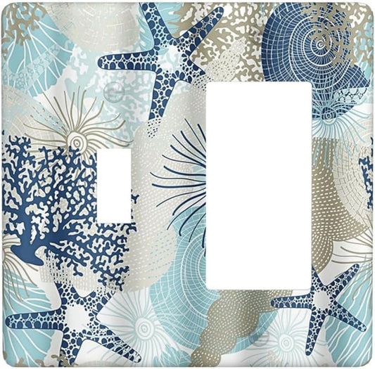 Decorative Outlet Covers Blue Starfish Brown Coral Ocean 2 Gang Light Switch Cover Plate Single Toggle 1 Rocker Wall Plates for Electrical Outlets Switch Plate Covers for Girlroom Home Decor