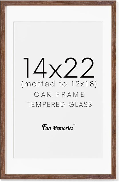 Fun Memories 14x22 Oak Wood Picture Frame, 14"x22" Picture Frame Matted to 12"x18", Photo Frame 14 x 22 with Real Glass, 14x22 Wood Frame for Vertical or Horizontal Hanging (Walnut Color, 1 Pack)