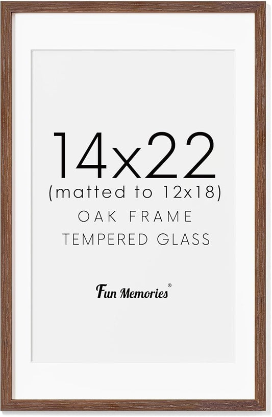 Fun Memories 14x22 Oak Wood Picture Frame, 14"x22" Picture Frame Matted to 12"x18", Photo Frame 14 x 22 with Real Glass, 14x22 Wood Frame for Vertical or Horizontal Hanging (Walnut Color, 1 Pack)