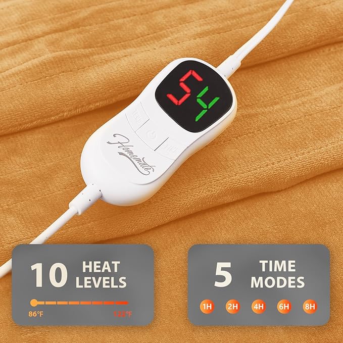 Homemate Electric Heated Blanket Twin Size - 62"x84" Heating Blanket Twin Size 1/2/4/6/8 Hours Auto-Off 10 Heat Level Over-Heat Protection Flannel Sherpa ETL Certification