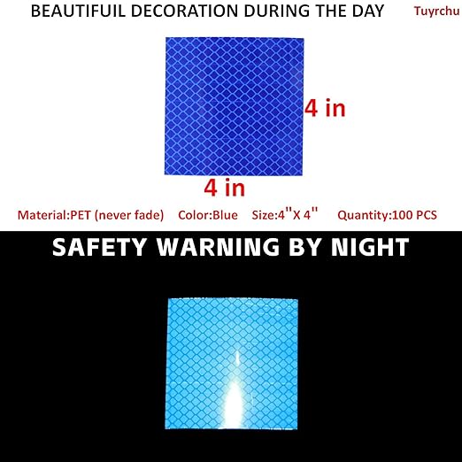 Non Fading Blue Reflective Stickers 4 inch X 4 inch, Outdoor Waterproof High Visibility Warning Safety Adhesive Reflector Tape (100 Pcs)