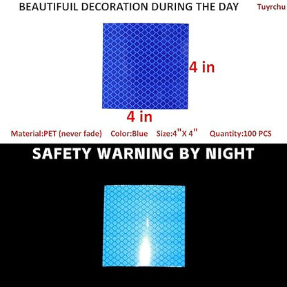 Non Fading Blue Reflective Stickers 4 inch X 4 inch, Outdoor Waterproof High Visibility Warning Safety Adhesive Reflector Tape (100 Pcs)