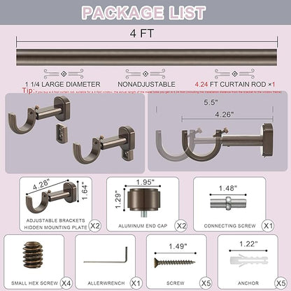 Heavy Duty Curtain Rods,1 1/4" Large Diameter Premium Nonadjustable Curtain Rod,48in/4ft Custom Window Treatment Rods with Durable Aluminum Brackets and End Caps,Dark Bronze Finish
