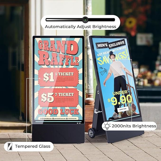 43 Inch Outdoor Digital Signage Displays, Rechargeable Digital LCD Kiosks, Moveable Commercial Totem, IP65 Waterproof, Auto Adjustment 2000nits High Brightness Screen, High Capacity Battery for Restaurant/Bar/Food Truck/Store