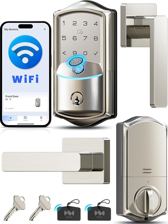 Veise VE027-L Built-in WiFi Smart Door Lock with Lever Handle Set, Fingerprint keyless Entry Door Lock, App Remote Control, Electronic Digital Keypad Deadbolt for Front Door, Auto Lock, Satin Nickel