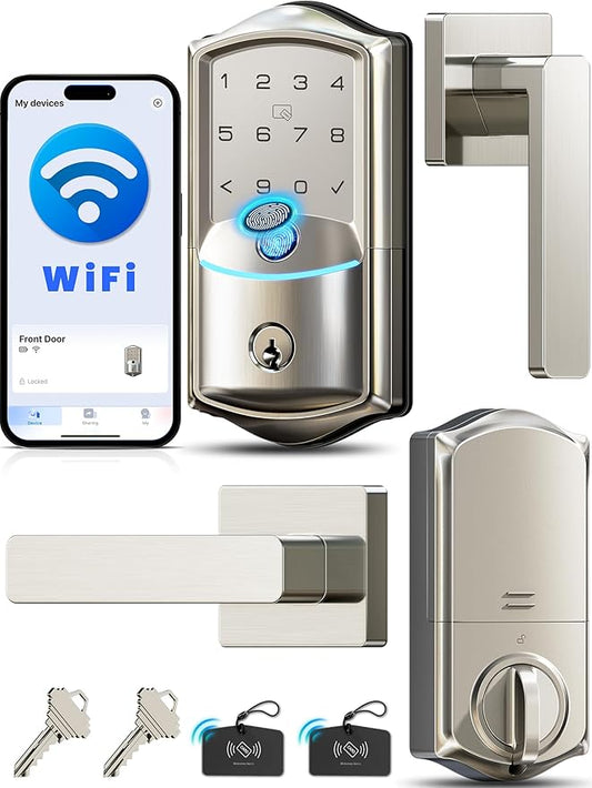 Veise VE027-L Built-in WiFi Smart Door Lock with Lever Handle Set, Fingerprint keyless Entry Door Lock, App Remote Control, Electronic Digital Keypad Deadbolt for Front Door, Auto Lock, Satin Nickel