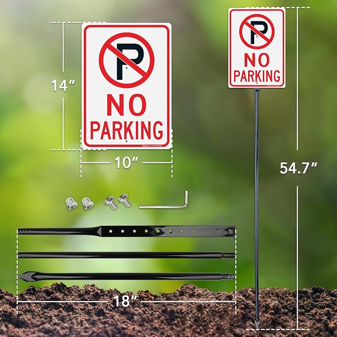 Faittoo Large No Parking Sign with 54" Metal Thick Stake, 14"x10" Rust Free Heavy Aluminum, Reflective, Fade Resistant, Easy to Mount, Outdoor Use
