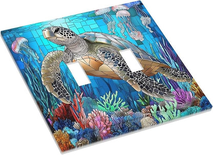 Decorative Switch Plates Nautical Sea Turtle Coral Jellyfish 2 Gang Double Toggle Outlet Light Switch Cover Wall Plate Electrical Faceplate For Kids Room Nursery Decor