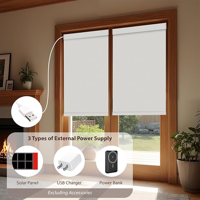 Motorized Roller Blinds with Remote, 100% Blackout Automatic Roller Shades for Bedroom, Bathroom, and Living Room, Customized Size, Ancient Wall Gray