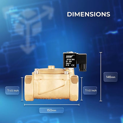 UNOX 1 1/2" NPT Solenoid Valve 12V DC, Brass Control Valve Normally Closed - 7-232 PSI Multi-Purpose Reliable Control Valve for Water, Air, and Gas - Solenoid Valves