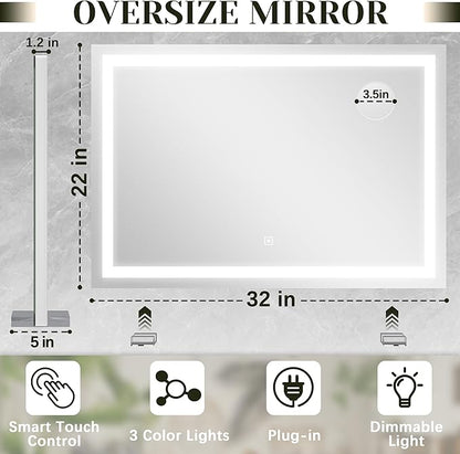 ROLOVE 32x 22 Inch Large Lighted Vanity Mirror with Dimmable 3 Modes, LED Makeup Mirror for Bathroom ＆ Dressing Room, Tabletop or Wall-Mounted, White