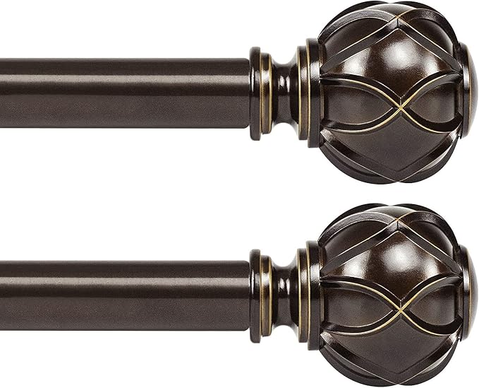 KAMANINA 2 Pack Curtain Rods for Windows 48 to 84 Inch, Antique Bronze Heavy Duty Curtain Rod Adjustable, 7/8 Inch Single Decorative Drapery Rods 32 to 86 Inch(2.6-7.1Ft), Netted Texture Finials