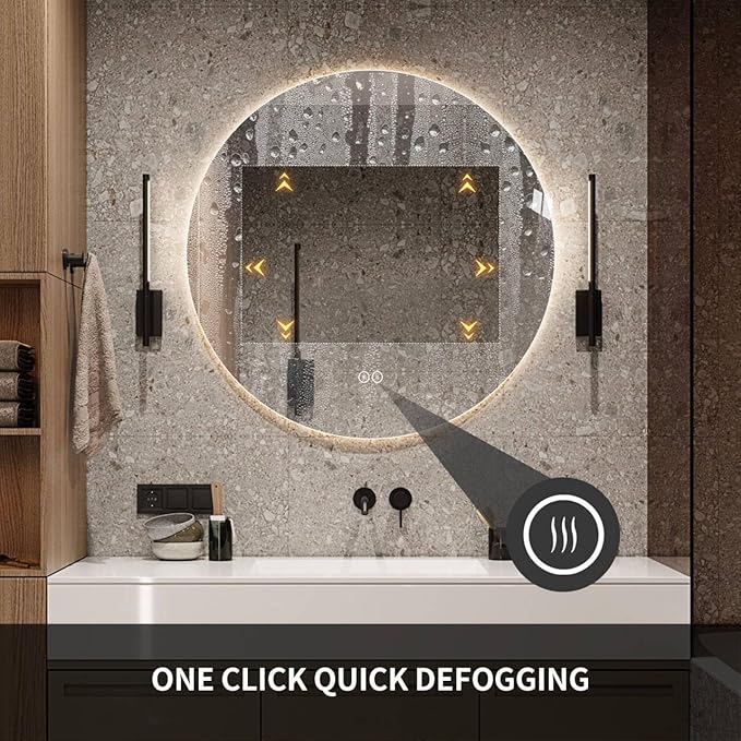 Round LED Bathroom Mirror with Light, Backlit Mirror for Bathroom, Frameless LED Smart Vanity Mirror with 3 Color Lights, Anti-Fog, Smart Touch Button, Shatter-Proof, IP65, 90+ CRI(28" L x 28" W)