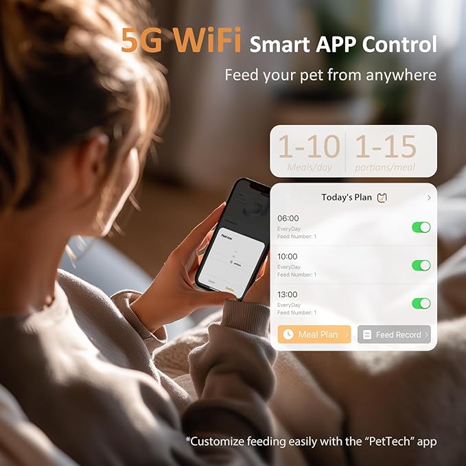 Automatic Cat Feeder WiFi: 5G Smart Auto Pet Feeder with App Remote Control- Timed Feeding Cat Food Dispenser with Airtight Lock-Fresh- Easy to Clean& Dual Power Supply 1-10 Meals per Day