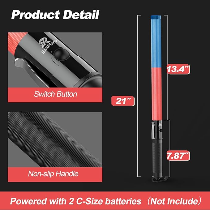 RoadHero 2 Pack 21 Inch Traffic Control Baton, Red and Blue LED Traffic Wand with 3 Flashing Modes, Air Marshaling Signal Wand with Side Clip for Airport, Parking, Car Directing