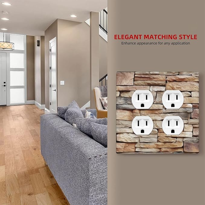 Outlet Covers Stone Textured Brown Brick Natural Stone 2 Gang Double Duplex Decorative Light Switch Covers Electrical Wallplates Socket Faceplate For Farmhouse Cabin Decor