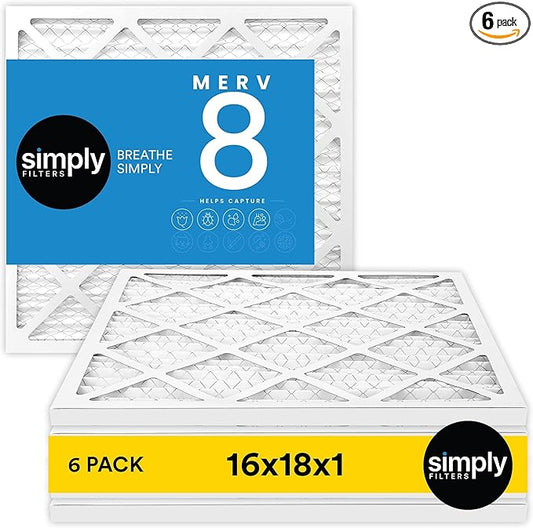 Simply 16x18x1 Air Filter, Merv 8, 6 Pack, For Home AC Furnace & HVAC (Actual Size: 15.75"x17.75"x0.75") DUST, Pet, & Allergy Control