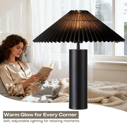 Modern Table Lamp with Metal Blade Lampshade and Cylindrical Base, E26 Bulb Compatible, Contemporary Accent Light for Living Room, Bedroom, Office (Black)