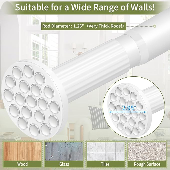 White Tension Curtain Rod 51-145In, Extra Long Adjustable Tension Rod No Drilling for Window or Bathroom,Outdoor Curtain Rod for Patio, Easy to Install, Never Rust, Rod Diameter 1.26 Inches-White