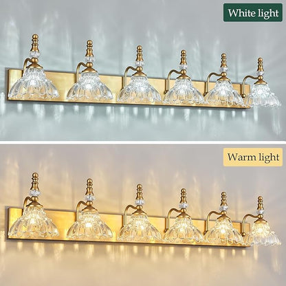 Vintage Bathroom Vanity Light, 6-Light Brass Vanity Lighting Fixture with Flower Glass Shade, Bathroom Lighting Fixtures Over Mirror