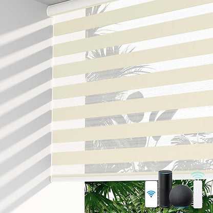 LazBlinds Motorized Zebra Roller Shades, Rechargeable Smart Blinds with Remote Control, Custom Size Light Filtering Dual Layer Roller Sheer Shades, Cream