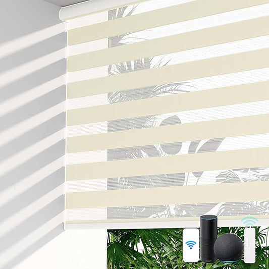 LazBlinds Motorized Zebra Roller Shades, Rechargeable Smart Blinds with Remote Control, Custom Size Light Filtering Dual Layer Roller Sheer Shades, Cream