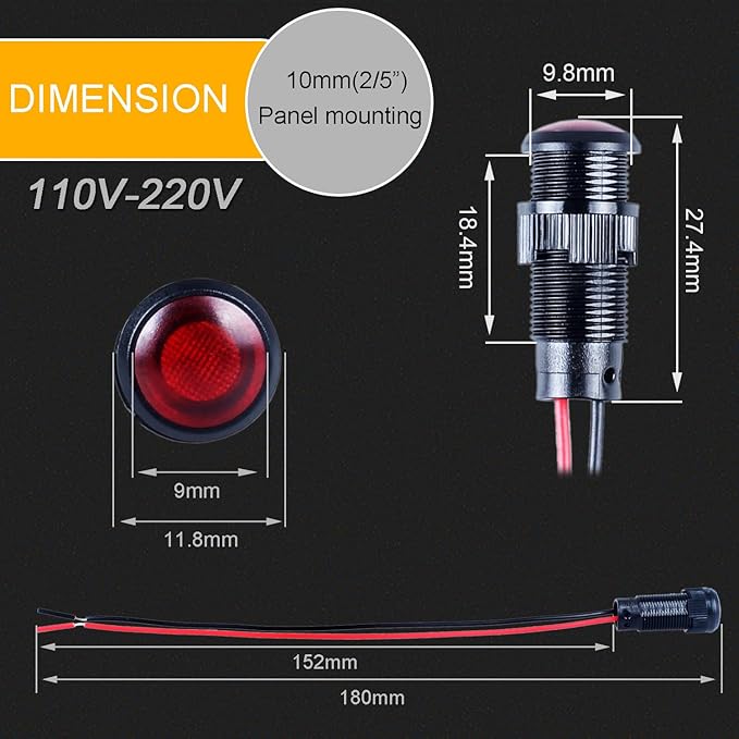 5pcs 10mm LED Indicator Light Plastic Black Signal Dot Lamp 110-220V AC 2/5" Mounting Hole Size with 15cm/5.9in. Wire (Red LED)