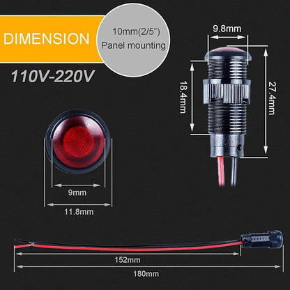 5pcs 10mm LED Indicator Light Plastic Black Signal Dot Lamp 110-220V AC 2/5" Mounting Hole Size with 15cm/5.9in. Wire (Red LED)
