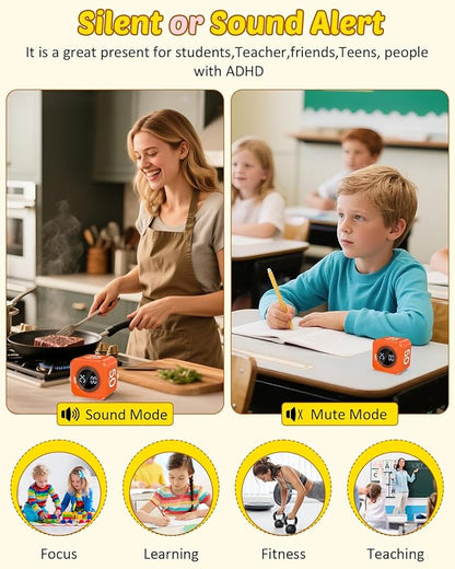 Pomodoro Timer Cube Visual Productivity Flip Timer for Kids Classroom Desk, 5/10/25/50min&Custom Countdown, Silent&Sound Mode Digital Cube for ADHD Study Work School Game Kitchen (Orange)