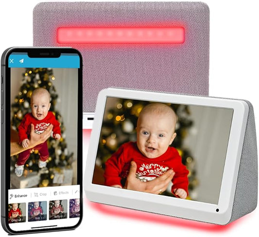 PhotoShare MyLuma LED 7” WiFi Digital Photo Frame with LEDs and Soft Touch Back Panel | Send Photo or Video from Phone to Digital Picture Frame | White Lightning Finish