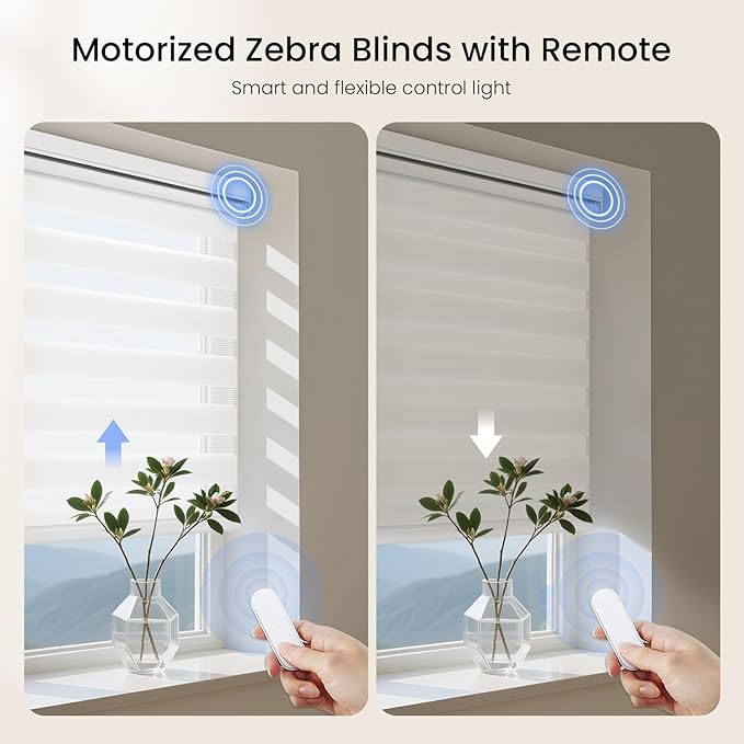Grandekor Motorized Zebra Blinds with Remote Control,Smart Zebra Blinds for Windows,Electric Zebra Shades, White,46" W x 72" H