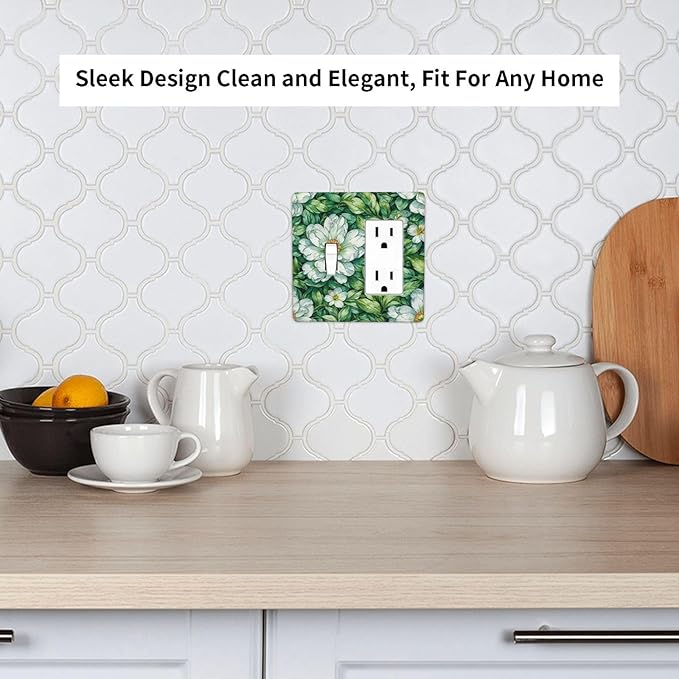 Vintage Floral White Flowers Green Plants Leaves Outlet Covers 1 Toggle 1 Rocker Combination Light Switch Cover Plate Decorative Wall Plate Electrical Switch Plates for Bedroom Bathroom