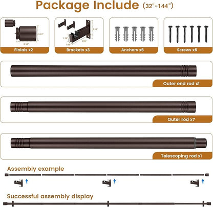 Bronze Aluminium Curtain Rods for Windows,1 Inch Adjustable Curtain Rod 72-144,Heavy Duty Drapery Rods with Thicken Bracket,Decorative Modern Single Rod with Aluminium Finials