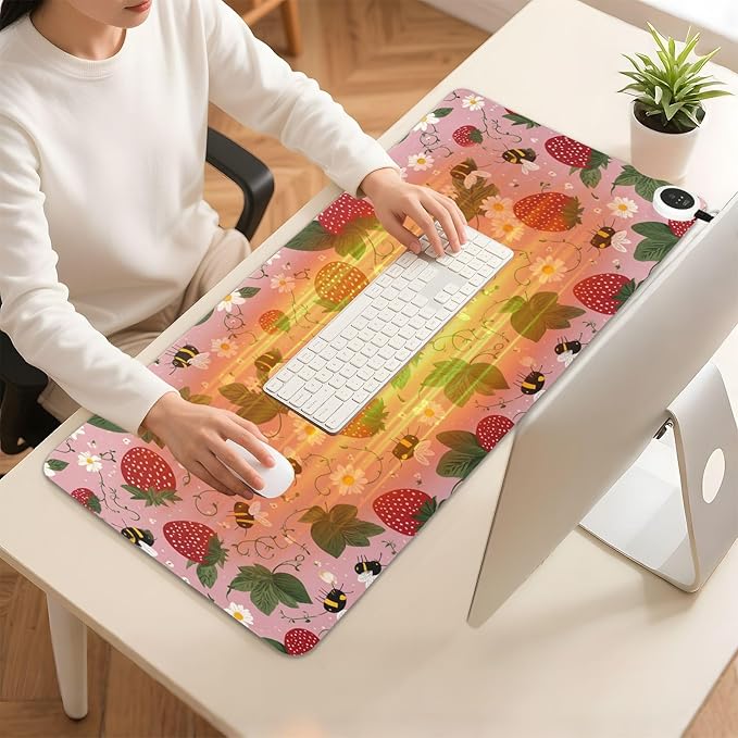 Heated Desk Pad Mouse Pad 31.5x13 Inch PU Leather Desk Mat with 3 Heat Levels Large Mouse Gaming Computer Laptop Mat Pink Bees Flowers Strawberry