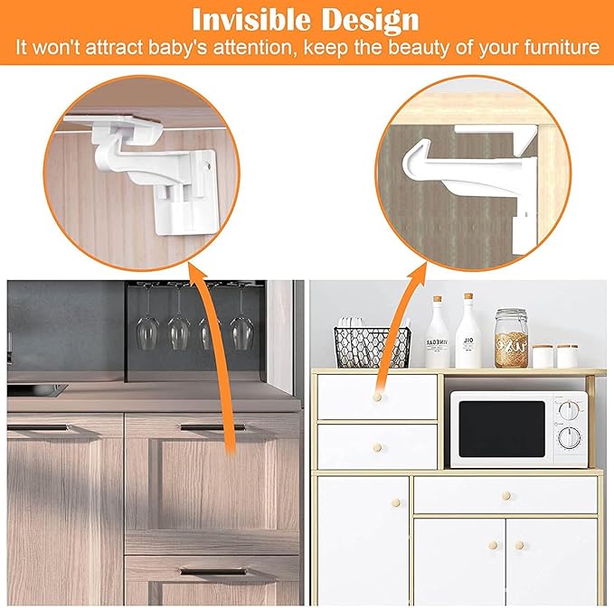 8 Pack Upgraded Invisible Baby Proofing Cabinet Latch Locks – No Drilling or Tools Needed, Fits Most Cabinets & Drawers, Works with Countertop Overhangs, Strong Adhesive for Easy & Secure Installation